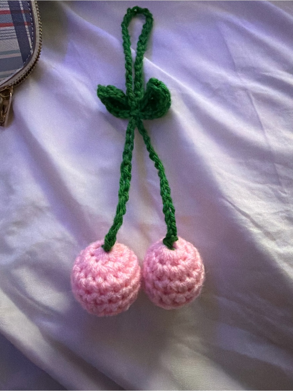 Handmade Crochet Cherry Keychain - Pink & Green